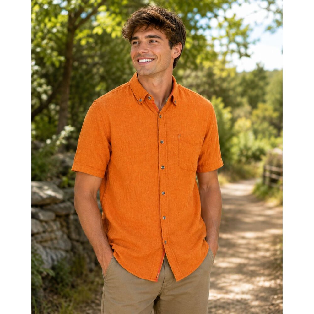 32 Bar Blues Mens Size Large Orange Linen Blend Shirt Lightweight Beach Preppy